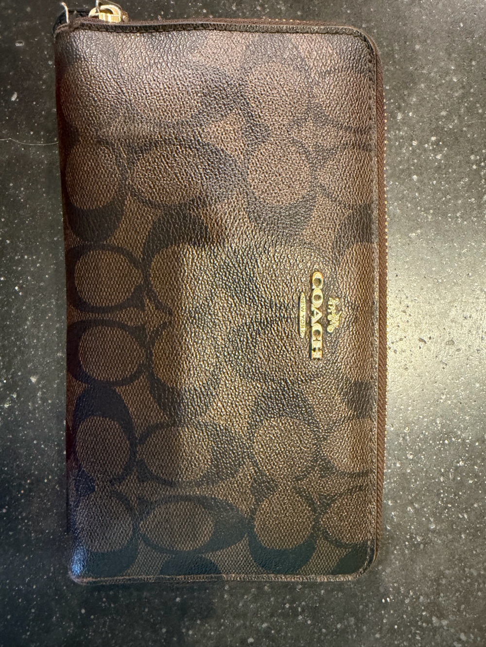 Coach Signature Zip-Around Wallet in Brown and Dark Brown with Gold Logo